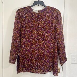 100% Silk  Women's Tunic Blouse Sz 2X Floral Purple Orange Lined Sheer sleeves